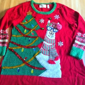 Merry and Bright llama jingle bells ugly Christmas sweater